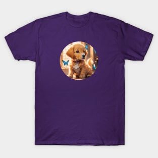 Cute Golden Retriever Puppy Playing With Butterflies T-Shirt